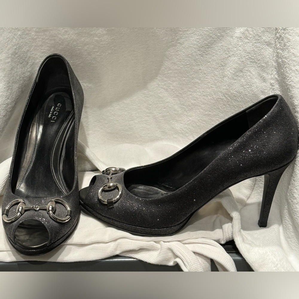 Gucci open toe gun metal sparkly heel